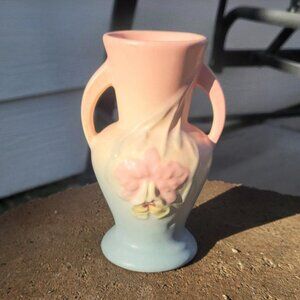 Vintage Hull Art Pottery Orchid 4.75” Pink/Yellow/Blue Flower Double Handle Rare
